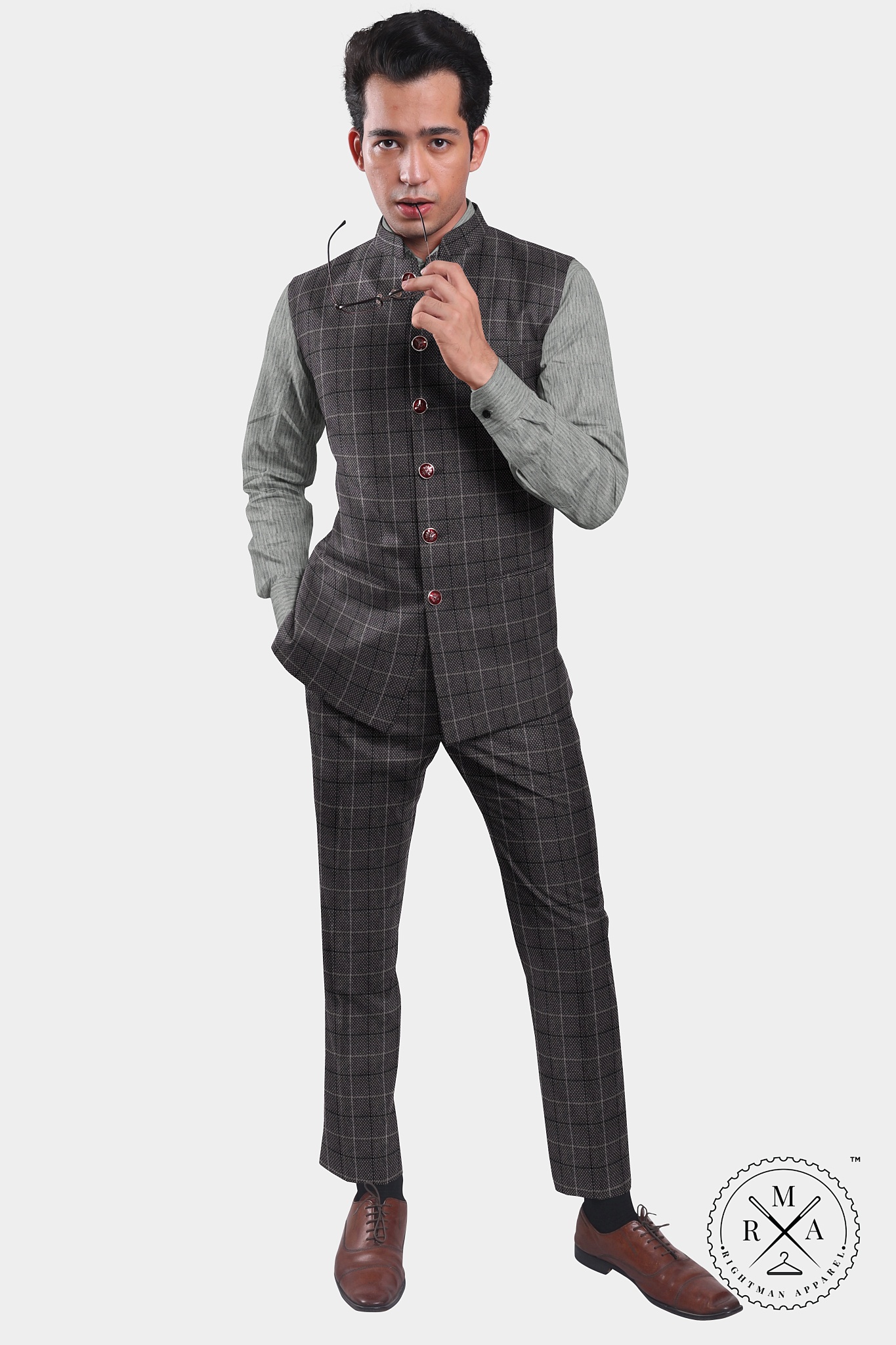 Grey TR Half Jacket With Windowpane Checks SU33